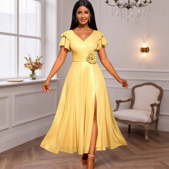 Damen glamouröses Abendkleid mit elegantem V-Ausschnitt und voluminösen Rüschensäumen R&B