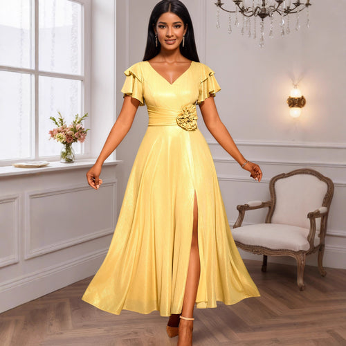 Damen glamouröses Abendkleid mit elegantem V-Ausschnitt und voluminösen Rüschensäumen R&B