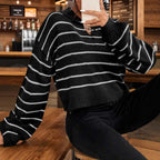 Damen moderner cropped Pullover mit Streifen und tiefem V-Ausschnitt R&B