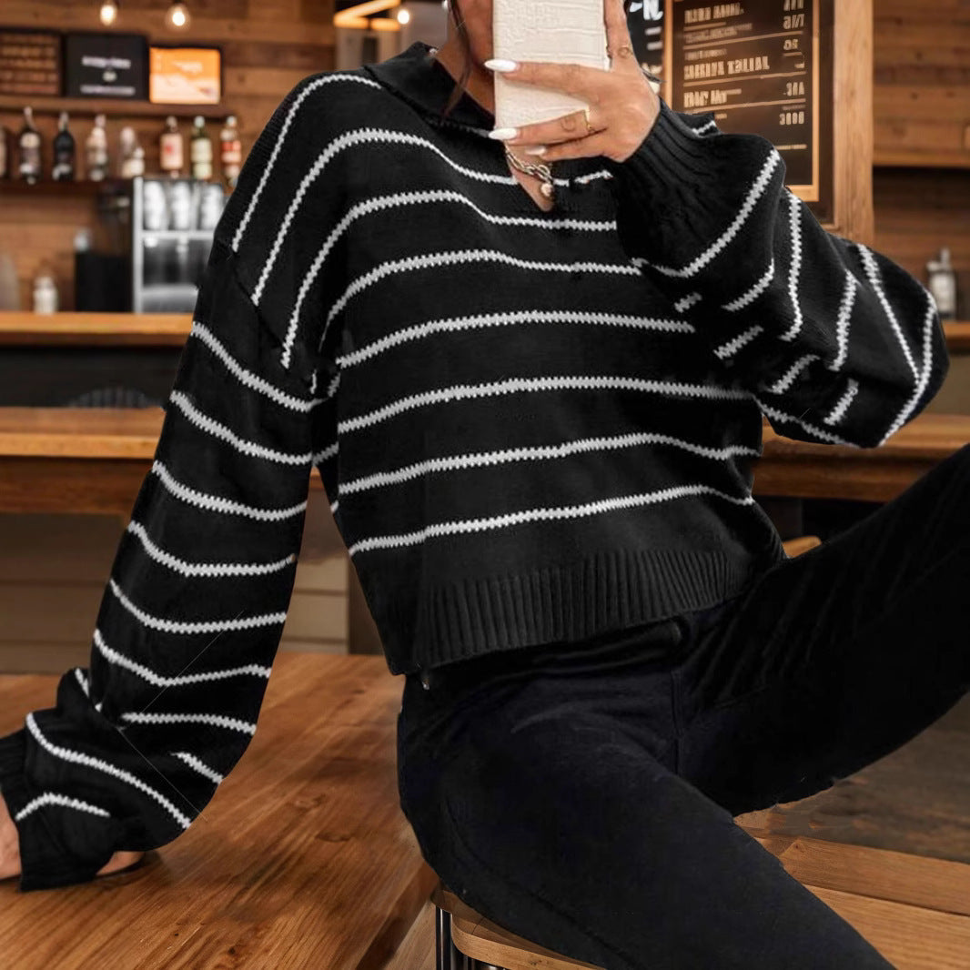 Damen moderner cropped Pullover mit Streifen und tiefem V-Ausschnitt R&B