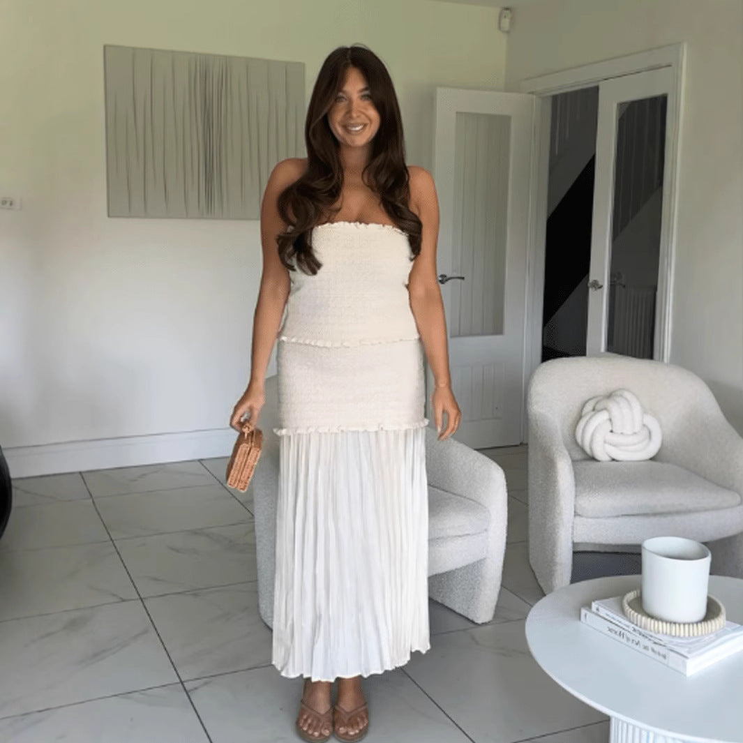 Damen modisches und elegantes Maxikleid mit Rüschendetails und plissiertem Rock R&B