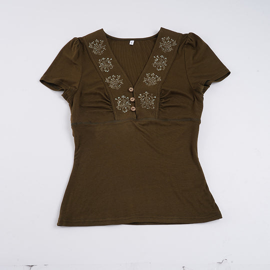 Damen T-Shirt mit floralem Stickmuster und Knopfleiste R&B