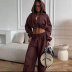 Damen nan kurzes Reißverschluss-Cropped-Hoodie und weitgeschnittene Highwaist-Loungehose Set R&B