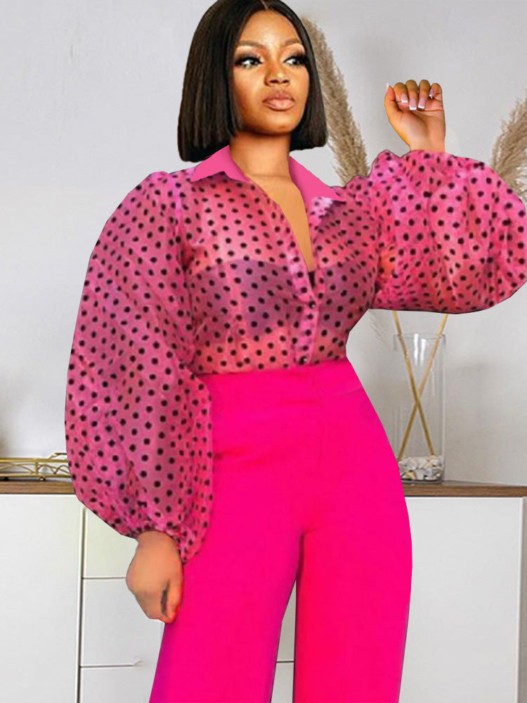 Damen Bluse mit voluminösen Puffärmeln und transparentem Design R&B