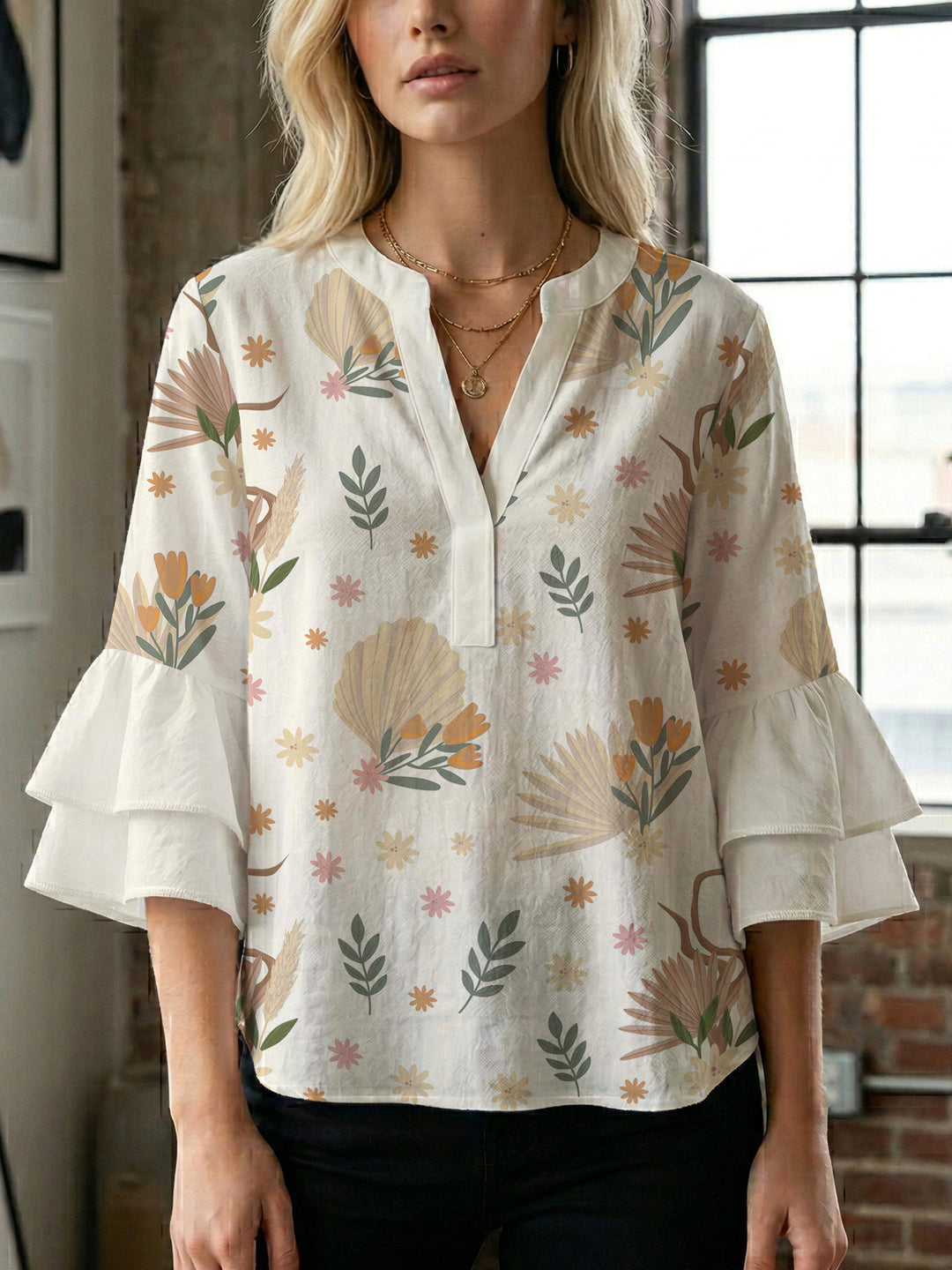 Damen Bluse mit Rüschendetails und auffälligem Animal-Print R&B
