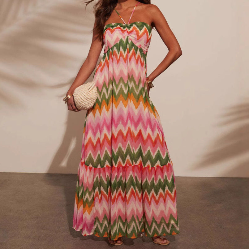 Damen Maxikleid mit zartem Wellenmuster und Bandeau-Ausschnitt R&B