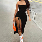 Damen figurbetontes Maxikleid mit seitlichen Rüschendetails und tiefem Schlitz R&B