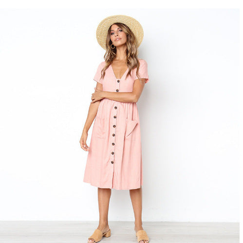 Damen Midi-Kleid mit Knopfleiste und praktischen Taschen R&B