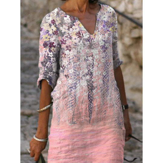 Damen nan knielanges Midikleid im Materialmix mit floraler Spitzenoberfläche, V-Ausschnitt und Knitterstruktur R&B