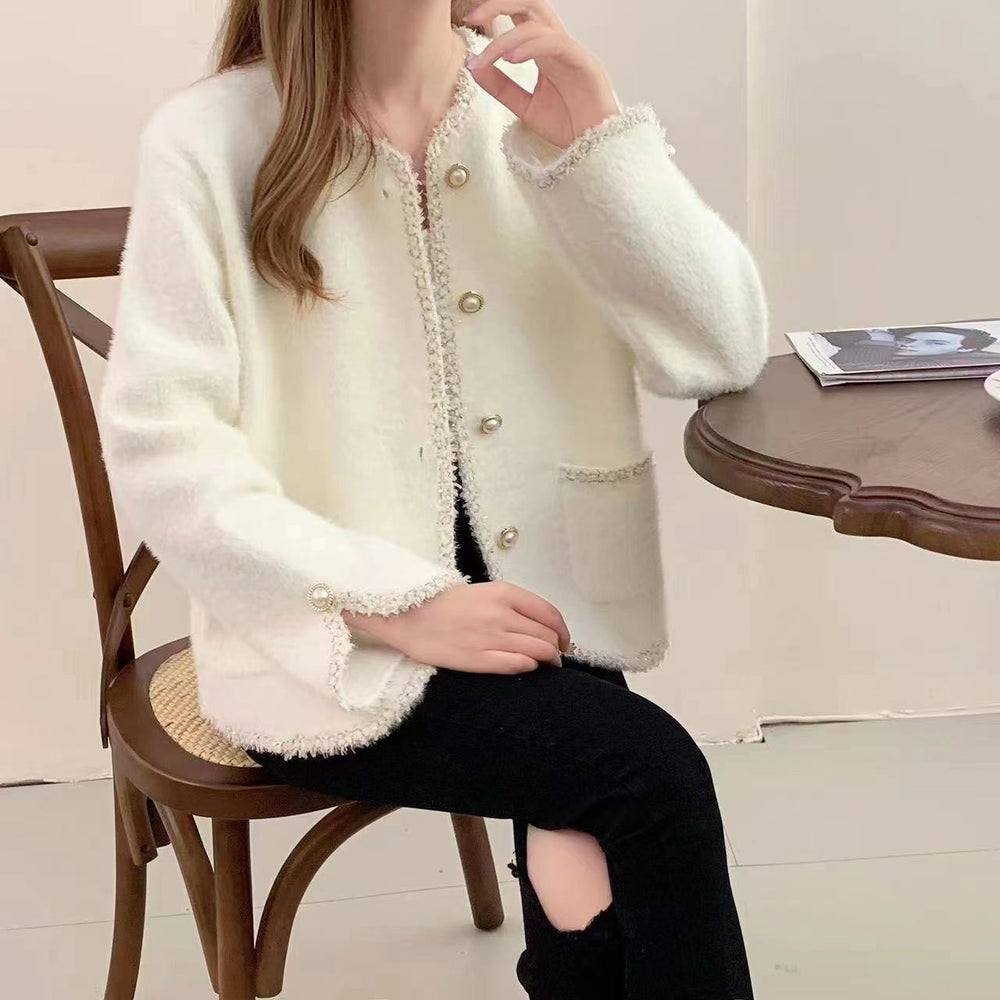 Damen Bouclé-Jacke mit eleganten Perlenknöpfen R&B