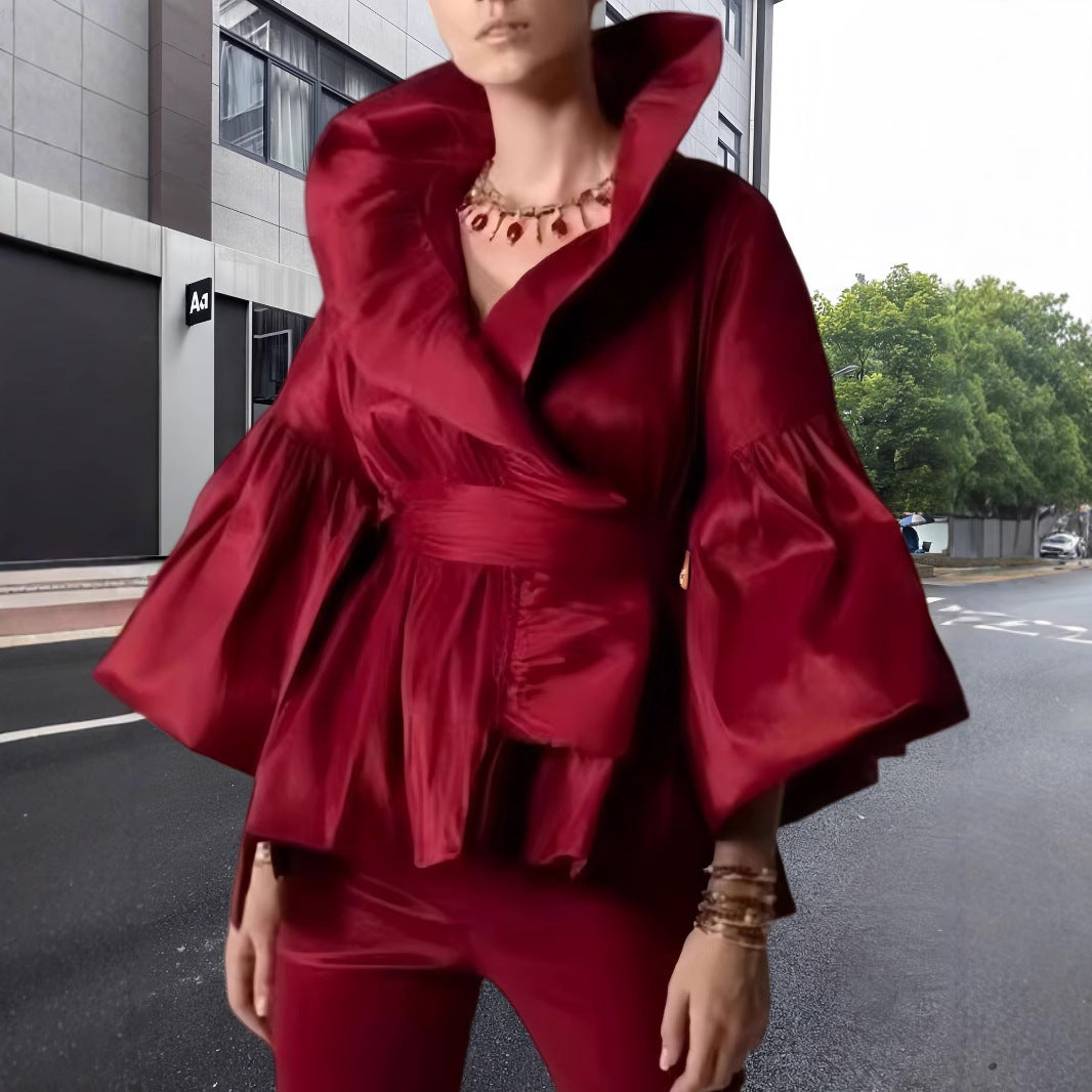 Damen Elegante Wickeljacke mit voluminösen Ärmeln und modernem Kragen R&B