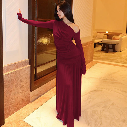 Damen Elegantes Wickel-Maxi-Kleid mit asymmetrischem Schulteinsatz R&B