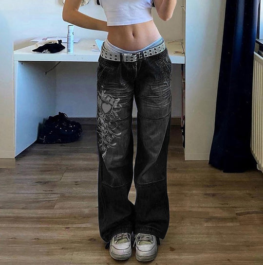 Damen Weit geschnittene Jeans mit einzigartigem Design und prominentem Druck R&B
