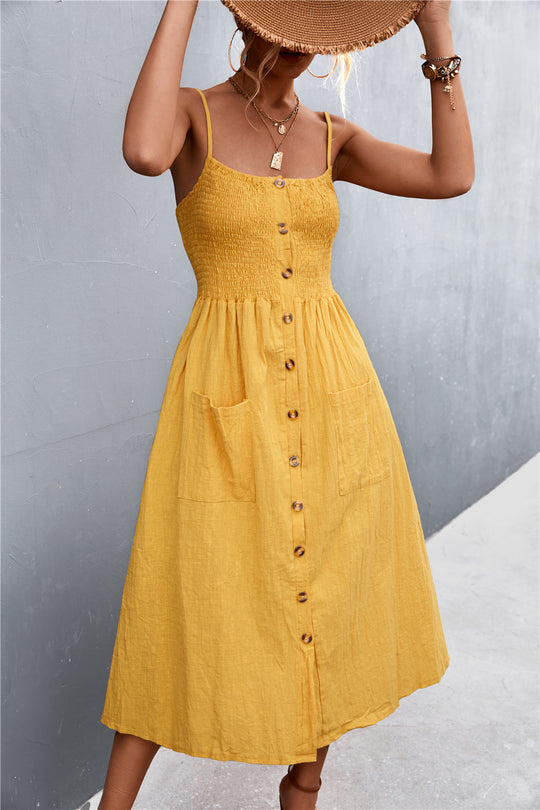 Damen Sommerliches Knopfkleid mit elastischer Taille und praktischen Taschen R&B