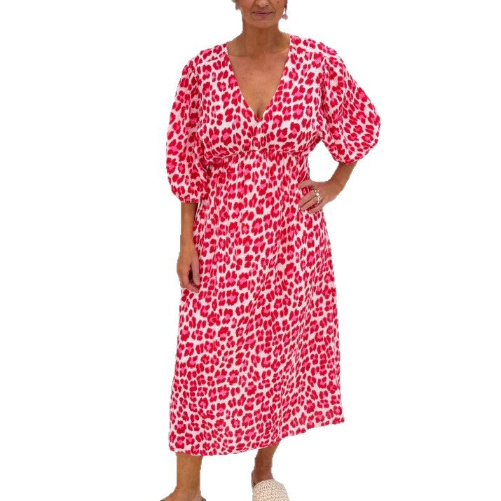 Damen nan Maxikleid mit tiefem V-Ausschnitt, voluminösen Puffärmeln und smockierter Taillennaht R&B