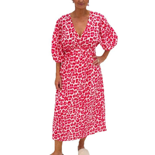 Damen nan Maxikleid mit tiefem V-Ausschnitt, voluminösen Puffärmeln und smockierter Taillennaht R&B