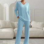 Damen Strickanzug mit modischem V-Ausschnitt und feinem Rippdesign R&B