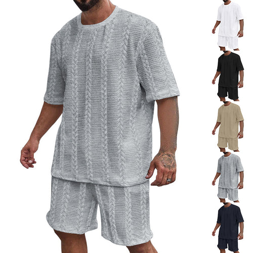 Herren nan entspanntes Zopfstrick-Freizeitset mit weitem Kurzarmshirt und elastischer Bermuda R&B