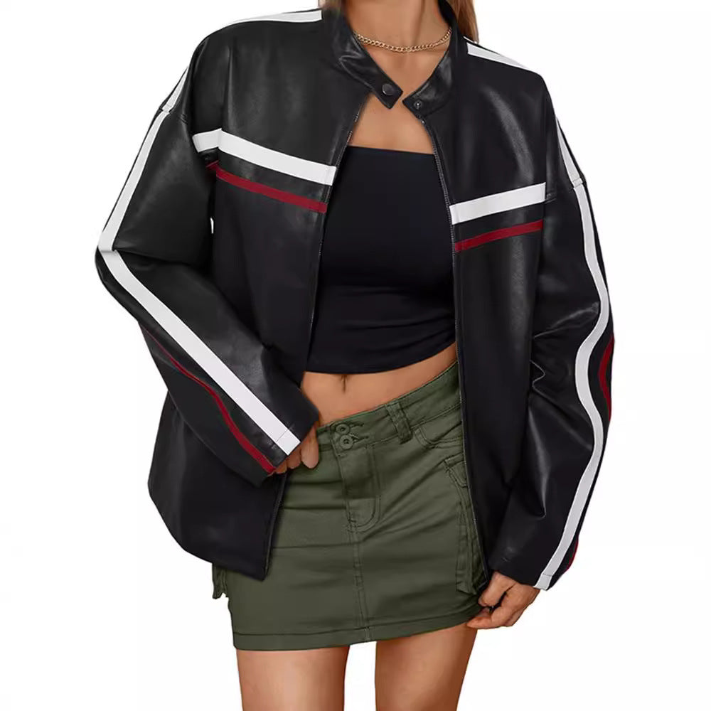 Damen Kunstlederjacke mit sportlichen Streifen R&B