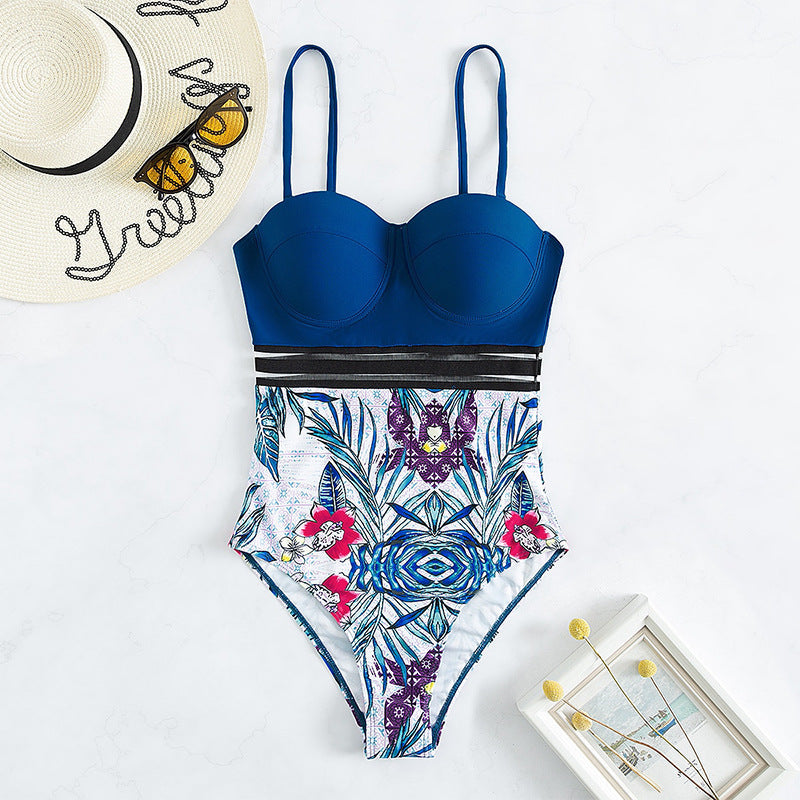 Damen Einteiler Badeanzug mit dekorativem Blumenmuster und strukturierter Taille R&B