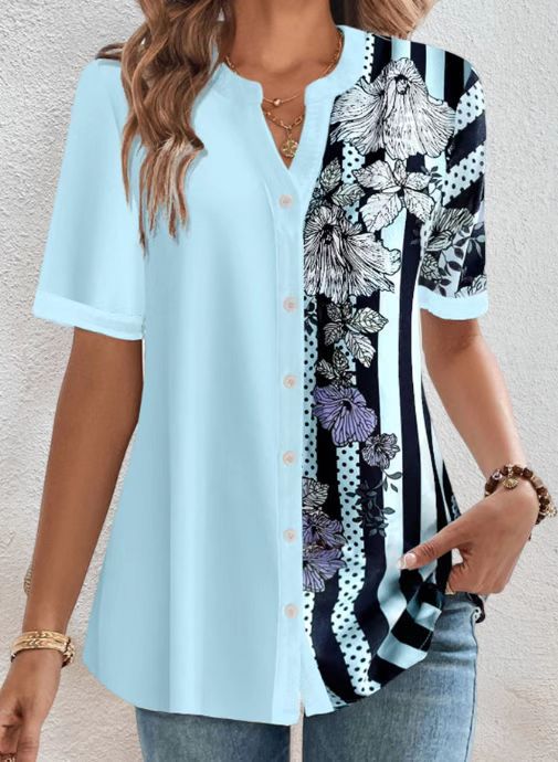 Damen nan zweigeteilte Hemdbluse mit asymmetrischem Muster-Mix, Knopfleiste und lockerer Hüftlänge R&B