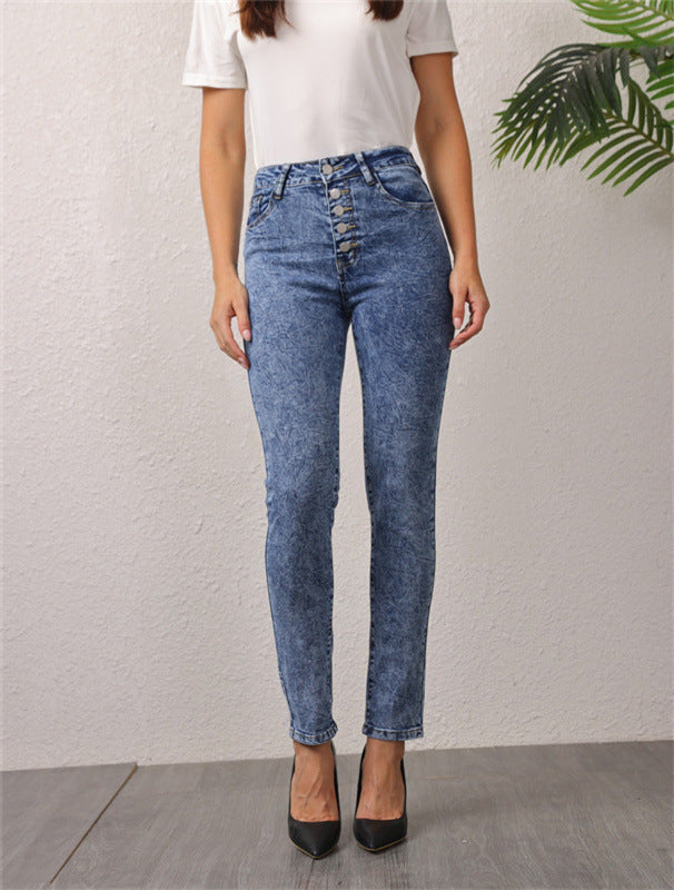Damen hochgeschnittene Jeans mit dekorativem Knopfverschluss