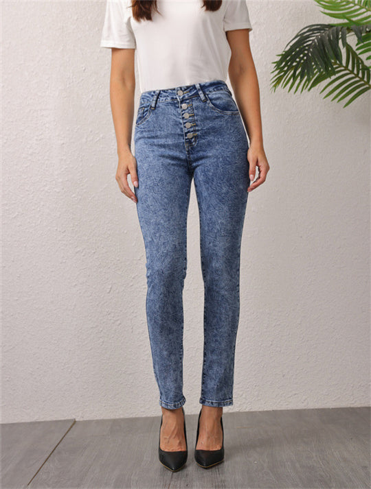 Damen hochgeschnittene Jeans mit dekorativem Knopfverschluss R&B