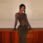Damen Elegantes Langarm-Spitzenkleid mit tailliertem Design R&B
