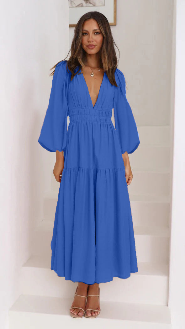 Damen Langarm Maxikleid mit tiefem V-Ausschnitt und weitem Rock R&B