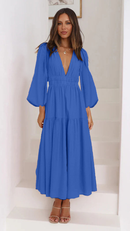 Damen Langarm Maxikleid mit tiefem V-Ausschnitt und weitem Rock R&B