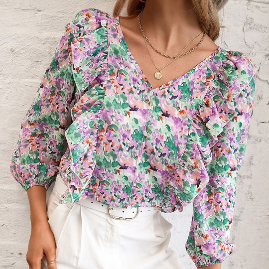 Damen Bluse mit Rüschen und floralem Muster R&B