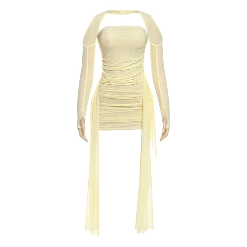 Damen Elegantes Minikleid mit raffinierten Rüschen und transparenten Ärmeln R&B