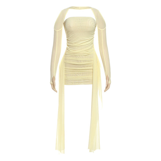 Damen Elegantes Minikleid mit raffinierten Rüschen und transparenten Ärmeln R&B