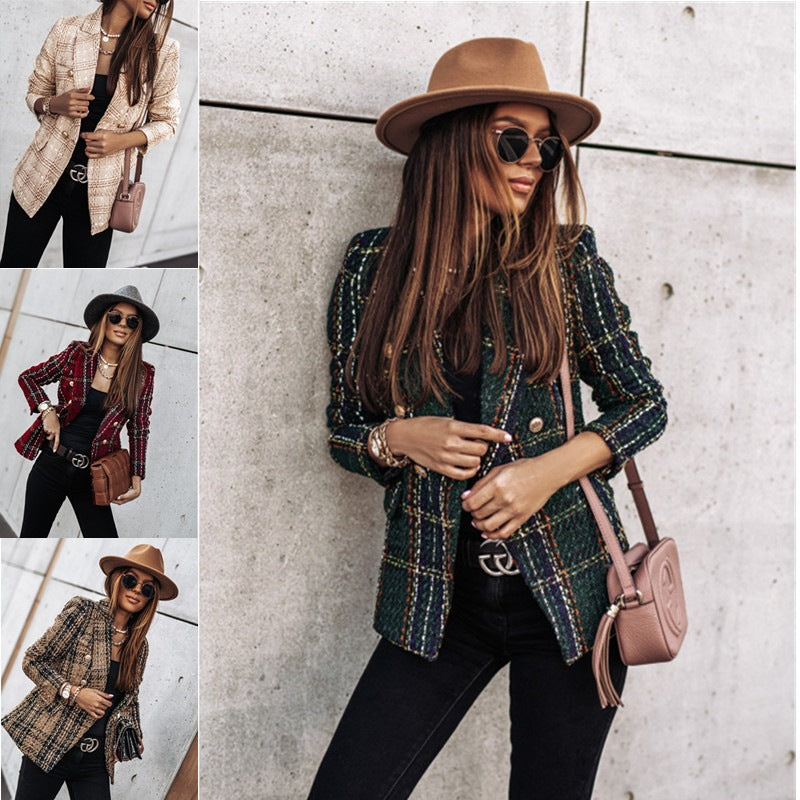 Damen Modischer Tweed-Blazer mit doppelter Knopfleiste und strukturiertem GewR&Be R&B