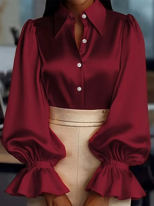 Damen elegante Seidenbluse mit Puffärmeln und schicker Knopfleiste R&B