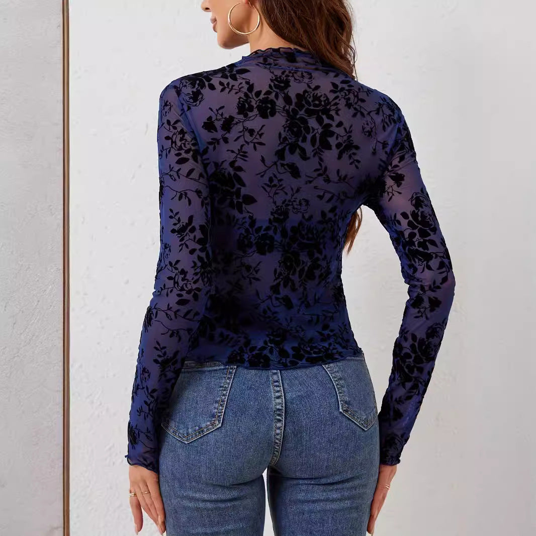 Damen Elegantes Langarm-Oberteil mit floralem Spitzenmuster R&B