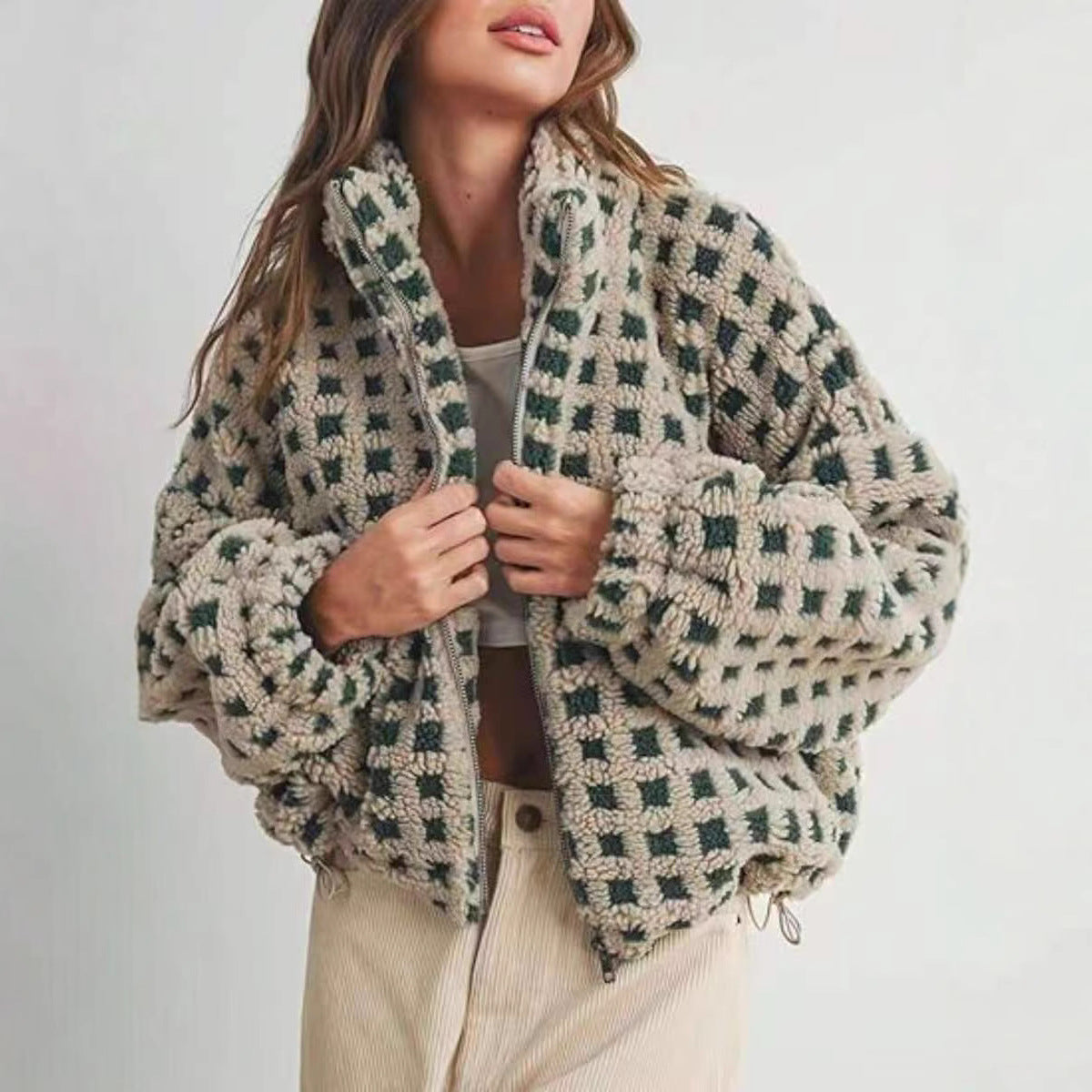 Damen kuschelige Fleecejacke im modernen Karodesign R&B