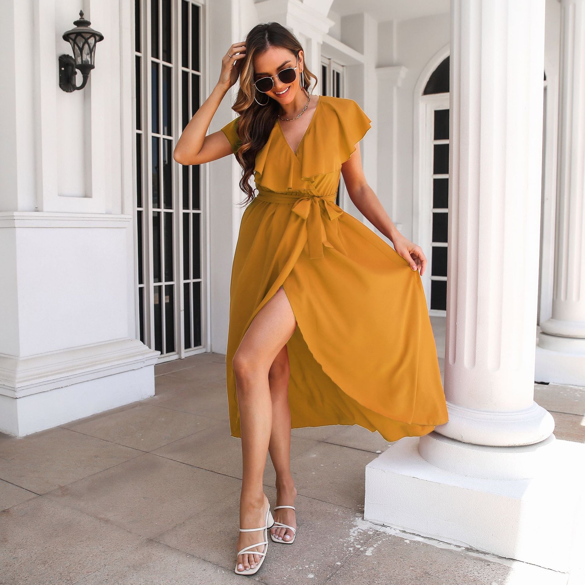 Damen Maxikleid mit Rüschensaum und seitlichem Schlitz R&B