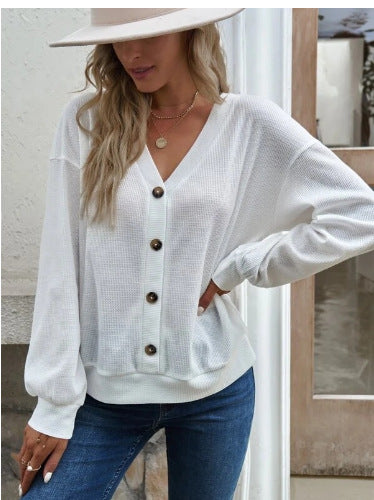 Damen Komfortabler Strickpullover mit V-Ausschnitt und Knopfleiste R&B