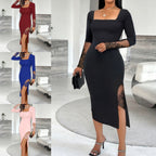 Damen Elegantes Kleid mit Spitzenärmeln und seitlichem Schlitz