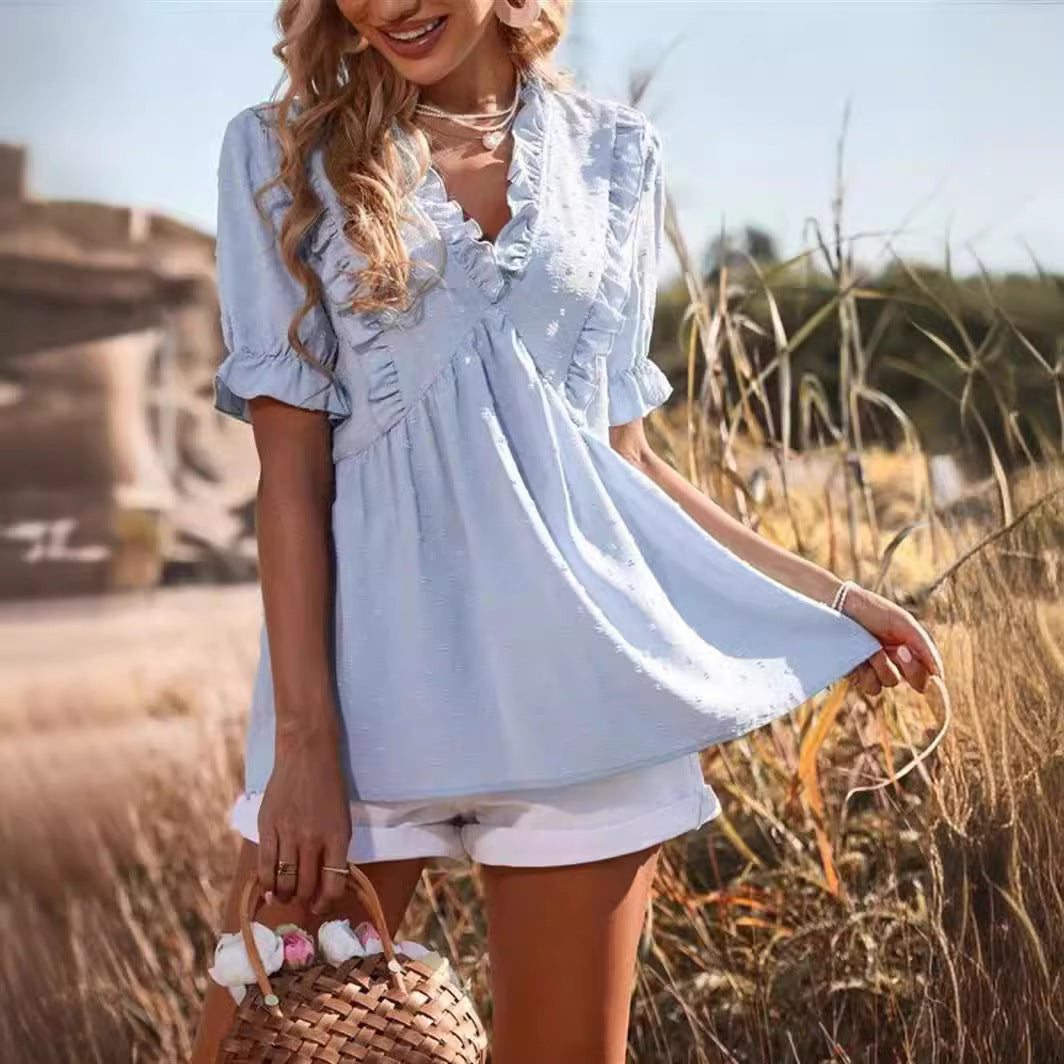 Damen elegantes Sommeroberteil mit Rüschendetails und V-Ausschnitt R&B
