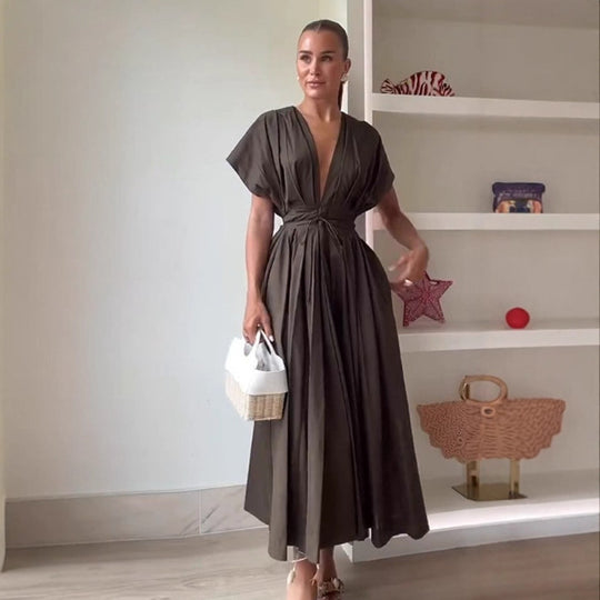 Damen Midikleid mit taillierbarem Bindegürtel und elegantem V-Ausschnitt R&B