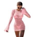 Damen elegantes Spitzen-Strandkleid mit langem Arm und durchscheinendem Design R&B