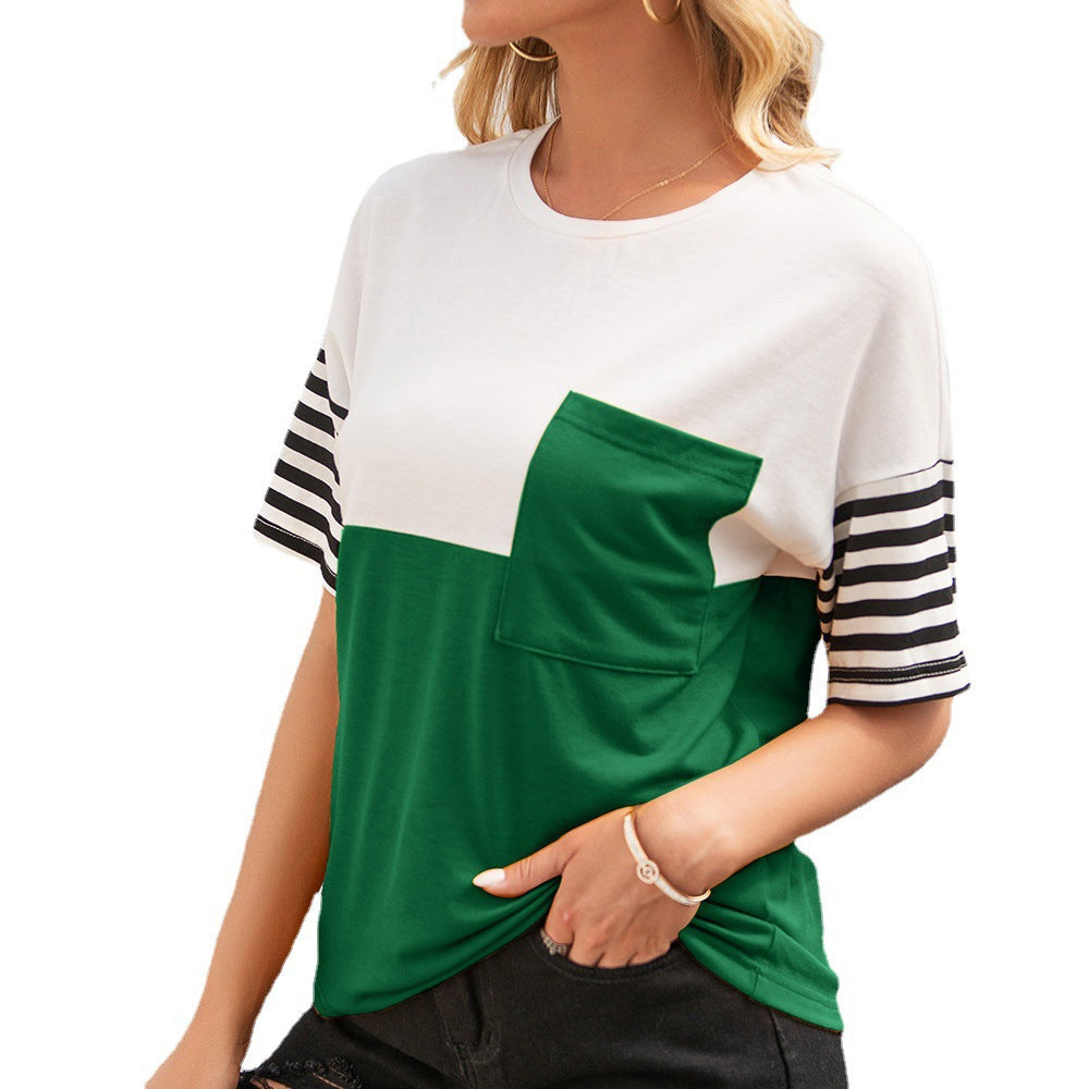 Damen modisches T-Shirt mit gestreiften Ärmeln und aufgesetzter Tasche R&B