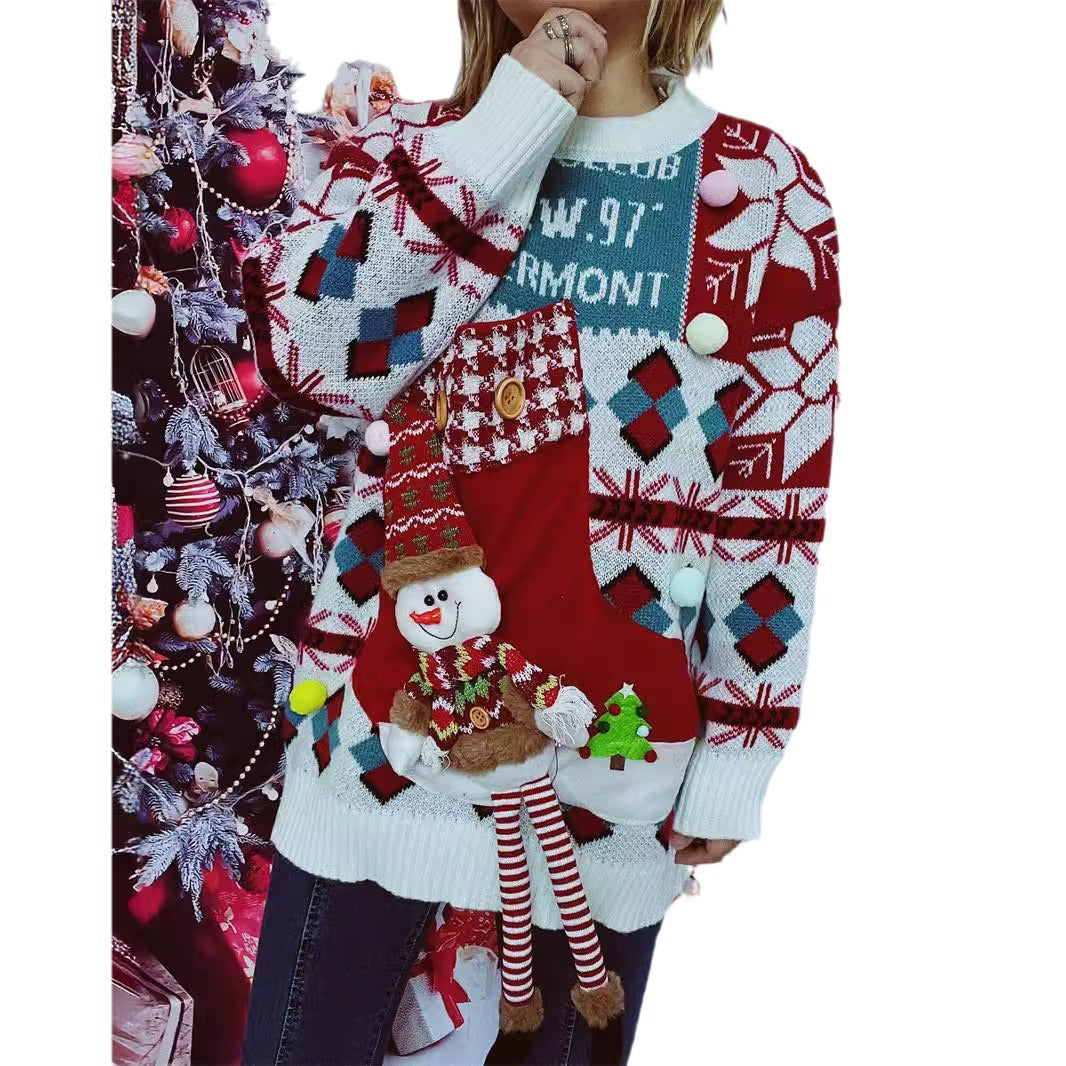 Damen festlicher Pullover mit winterlichem Schneemann-Motiv und dekorativen Details R&B