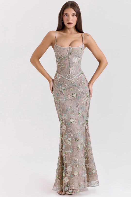 Damen nan elegantes besticktes Abendkleid mit Korsettoberteil und transparentem Spitzenüberzug R&B