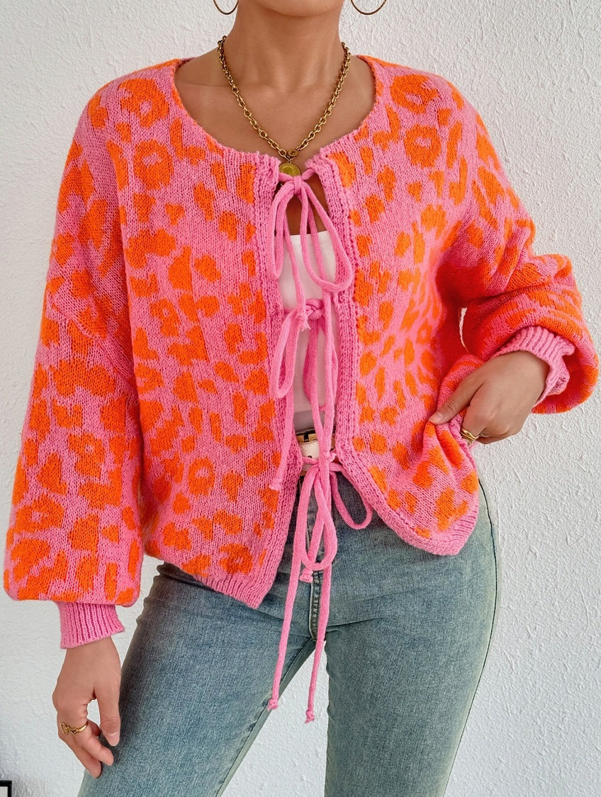 Damen Strickjacke mit einzigartigem Leopardenmuster und verstellbarem Kordelzug R&B