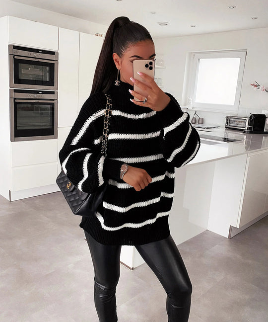 Damen gestreifter Oversized-Pullover mit modischem Rollkragen R&B