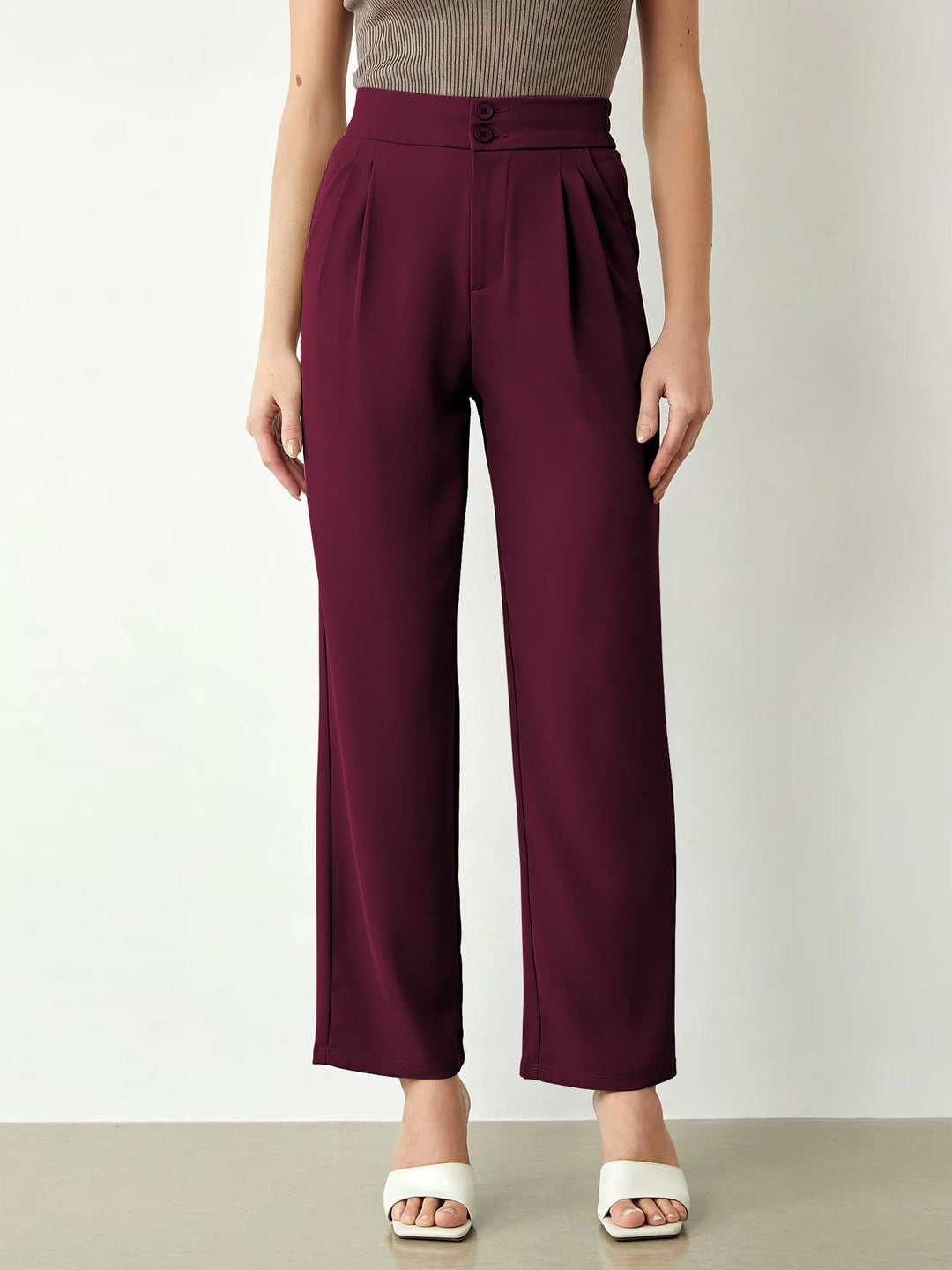 Damen elegante weite Stoffhose mit Bundfalten und hohem Taillenbündchen R&B