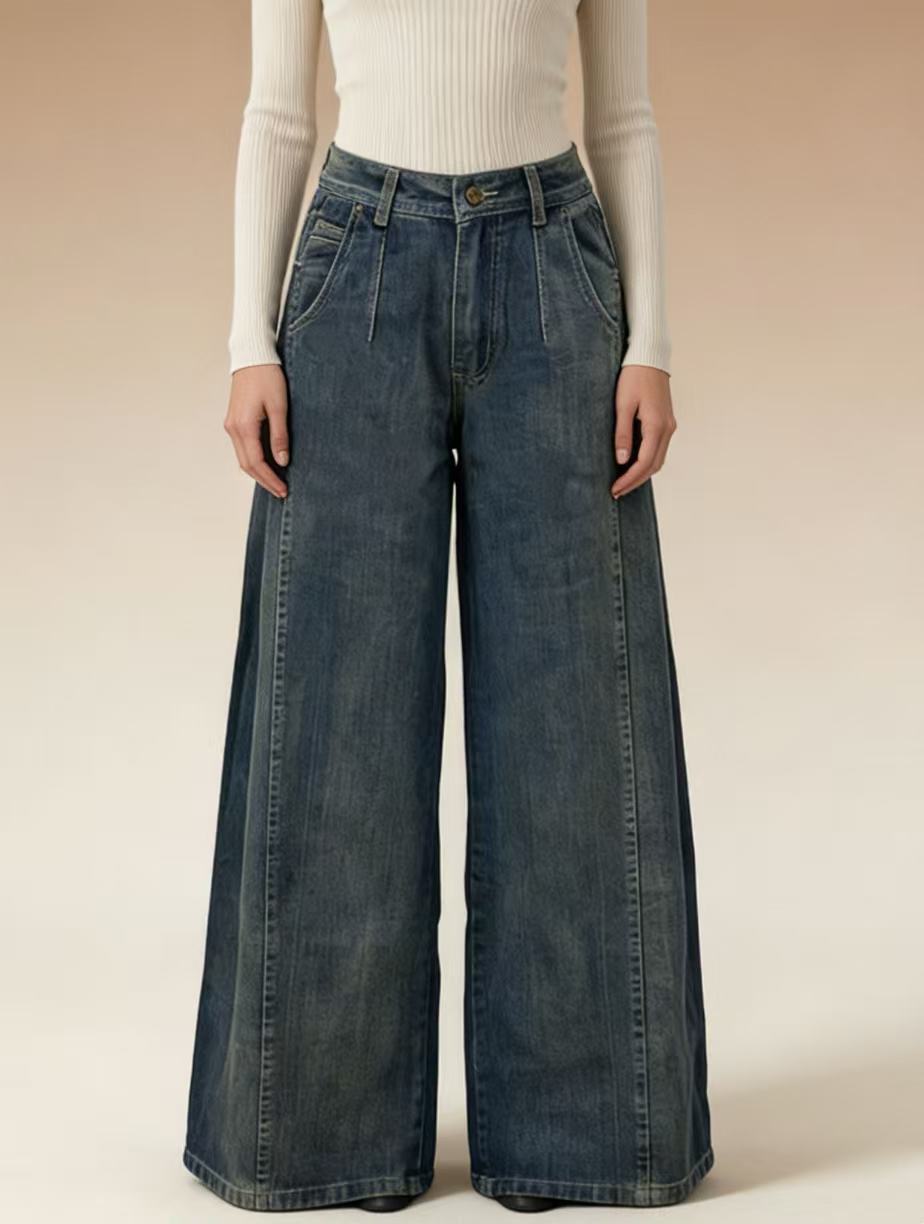 Damen weite Denim-Jeans mit hohem Bund und klassischem Schnitt R&B